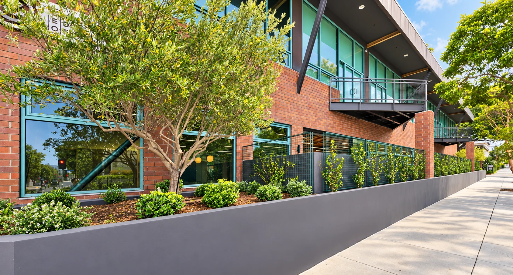 Brick and glazing along 1447 Cloverfield Boulevard