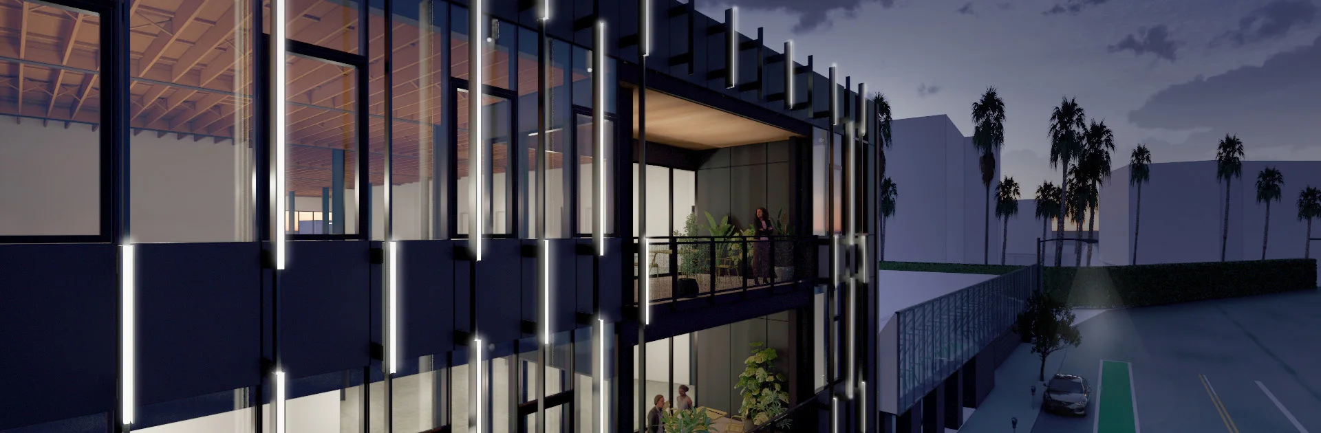 Oblique evening view of the proposed 1918 Main Street remodel, Donaldson + Partners rendering