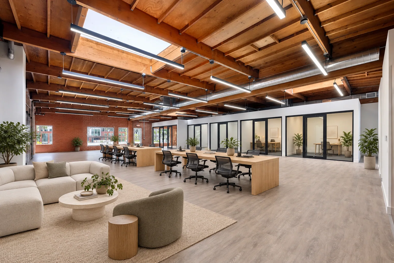 Creative studio with worktables, private rooms and a lounge