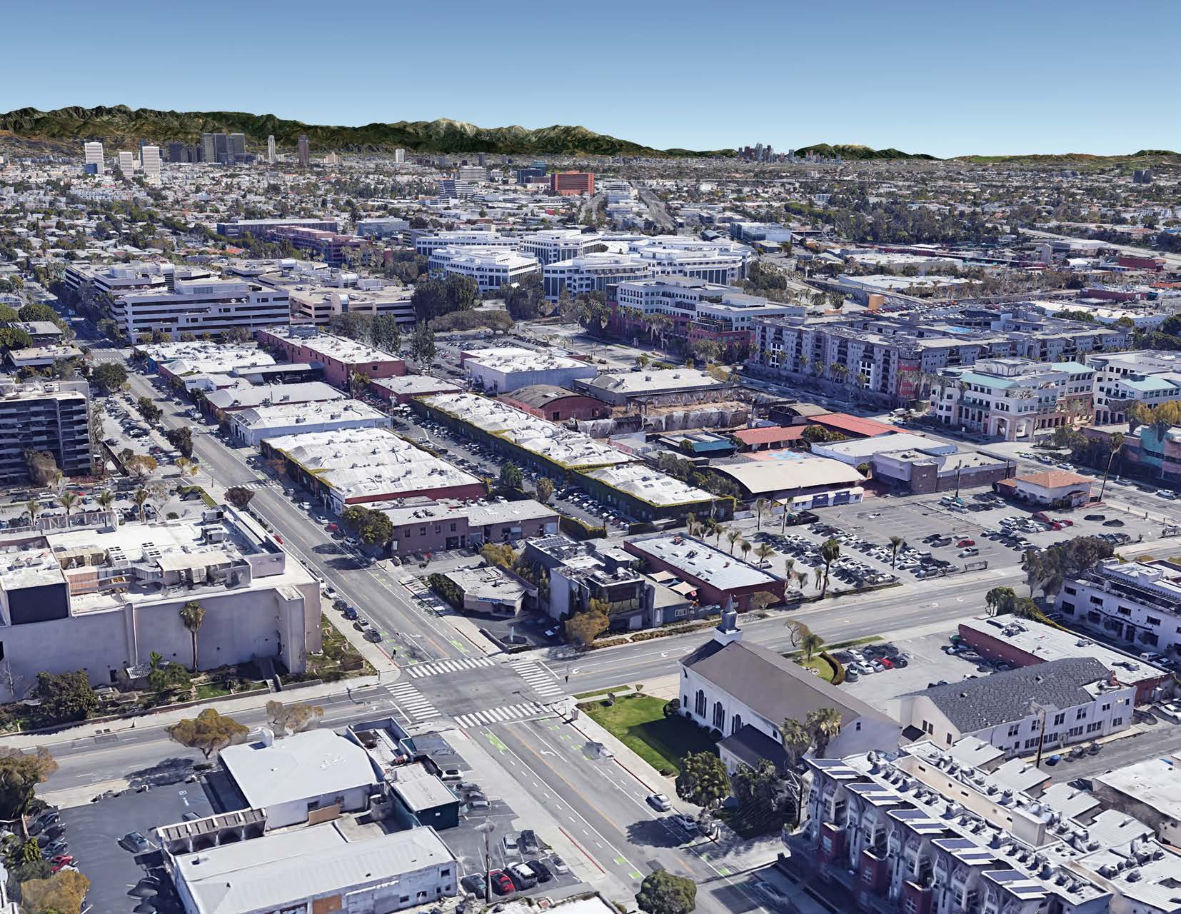 Aerial over LA's Westside creative corridor