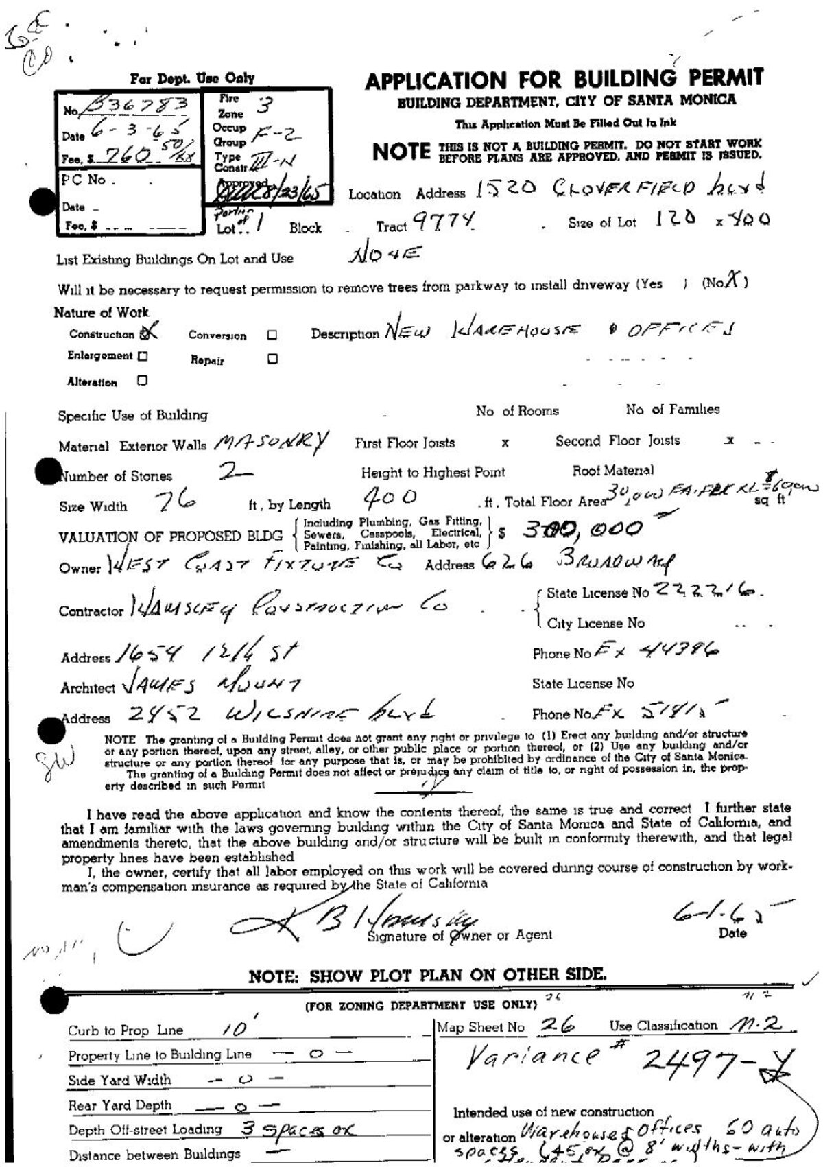 Original 1965 City of Santa Monica building permit B36783 for the 1520 Cloverfield brick warehouse