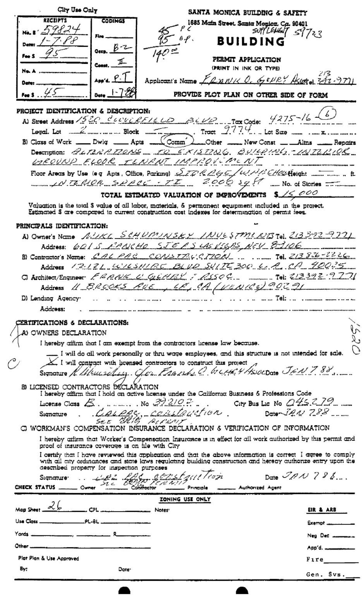 1987 City of Santa Monica building permit listing Frank O. Gehry as the architect of record for the 1520 Cloverfield alteration